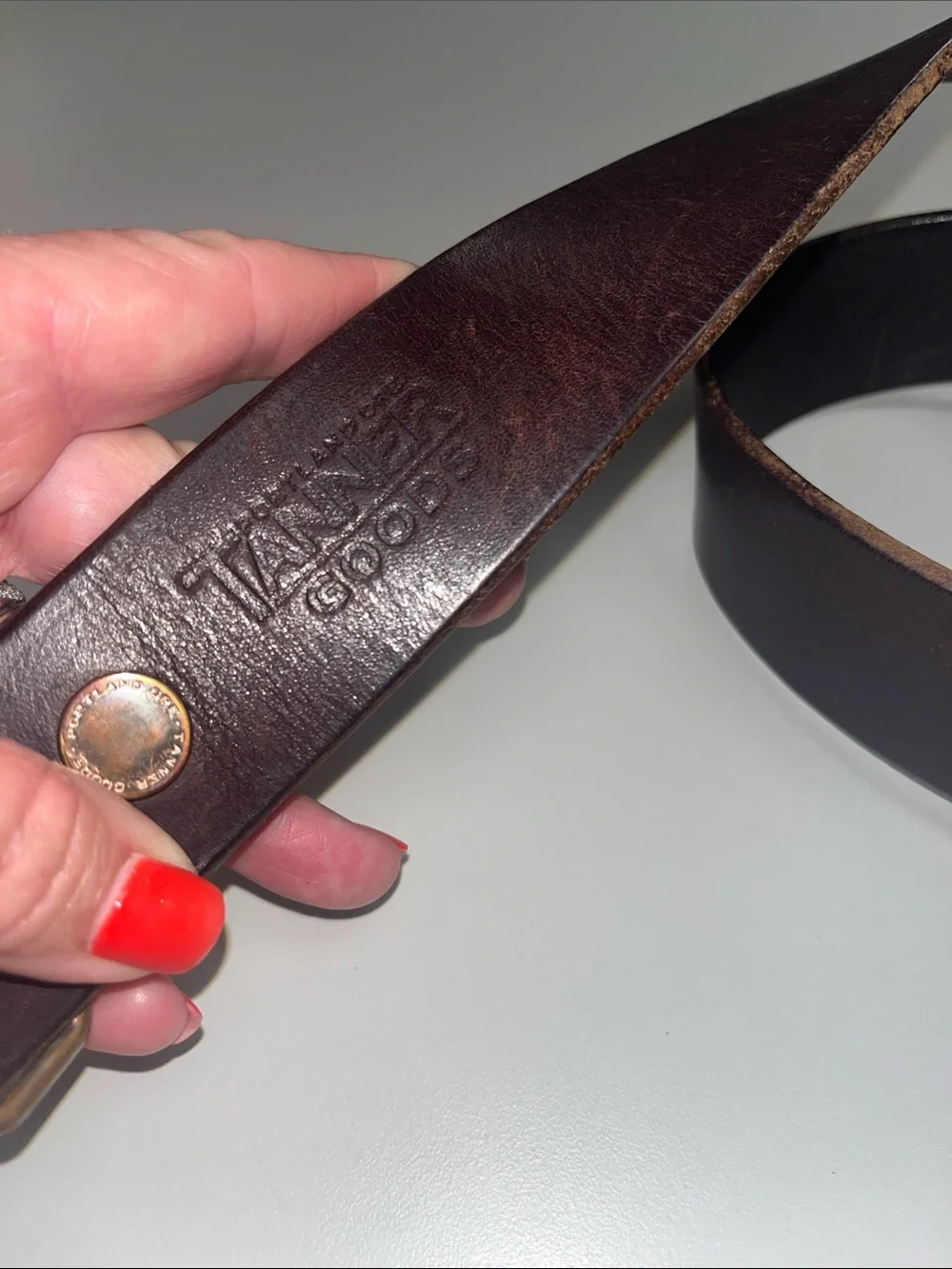 Tanner Goods Men's Leather Belt in Dark Brown w/ Copper Color Buckle